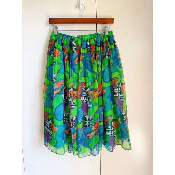 Vintage 90s Graphic Print Pleated skirt Size M Green/Blue Mixed Prints Statement - Picture 8 of 8